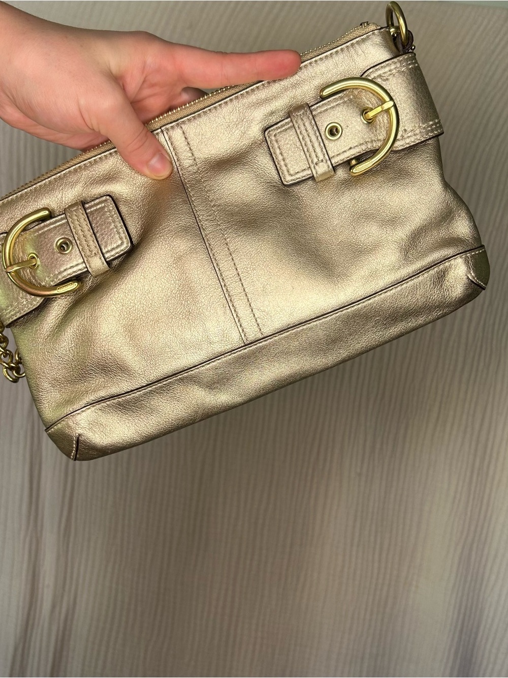Coach SoHo Metallic Gold Leather Shoulder Bag with Buckle Detail